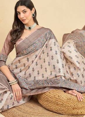 Beige floral printed tussar saree 1