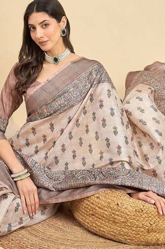 Beige floral printed tussar saree