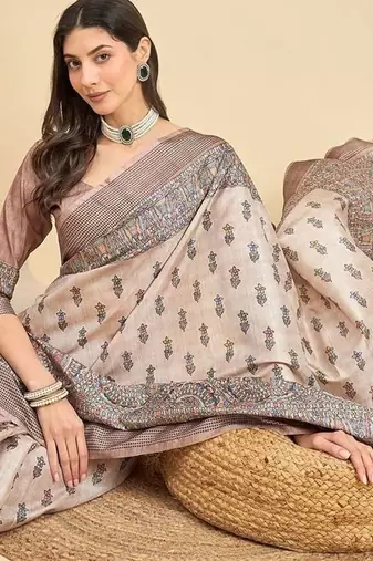 Beige floral printed tussar saree