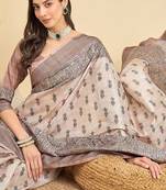 Beige floral printed tussar saree