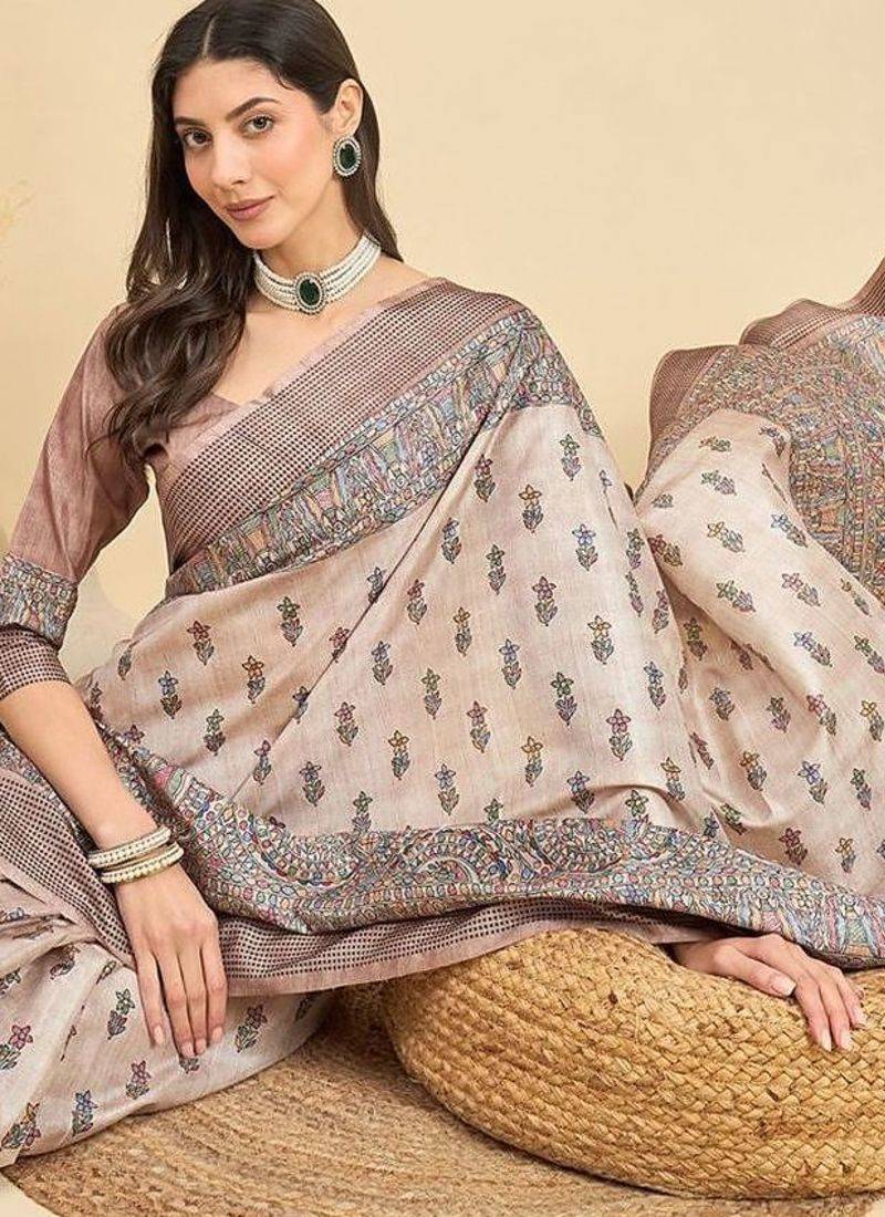 Beige floral printed tussar saree