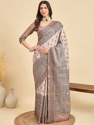 Beige floral printed tussar saree 2