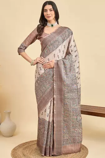 Beige floral printed tussar saree