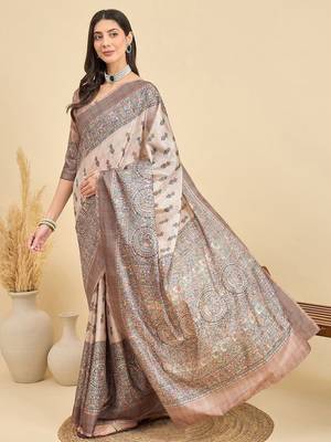 Beige floral printed tussar saree 3