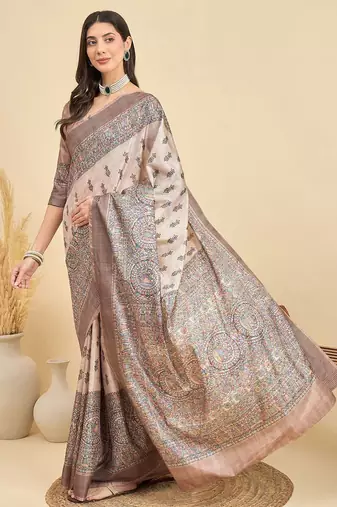 Beige floral printed tussar saree