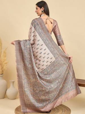 Beige floral printed tussar saree 4