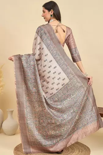 Beige floral printed tussar saree