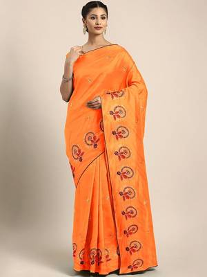 Yellow yellow floral embroidered silk blend saree 1