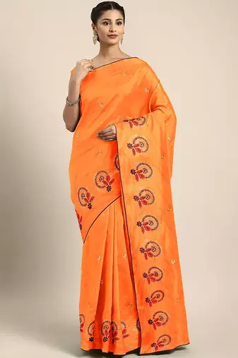 Yellow yellow floral embroidered silk blend saree