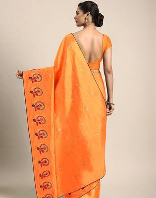 Yellow yellow floral embroidered silk blend saree 2