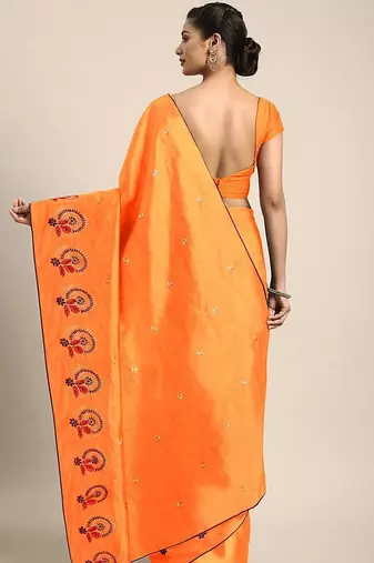 Yellow yellow floral embroidered silk blend saree