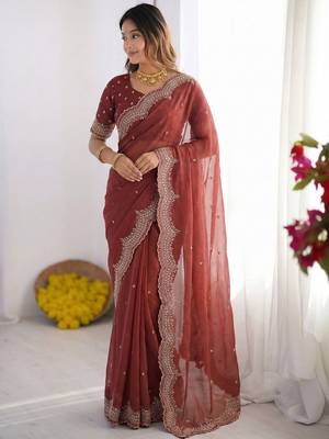Maroon embellished embroidered poly georgette heavy work saree 1