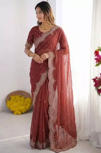 Maroon embellished embroidered poly georgette heavy work saree