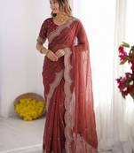 Maroon embellished embroidered poly georgette heavy work saree