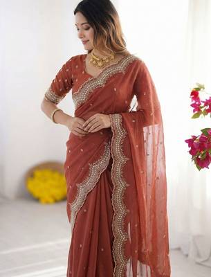 Maroon embellished embroidered poly georgette heavy work saree 4