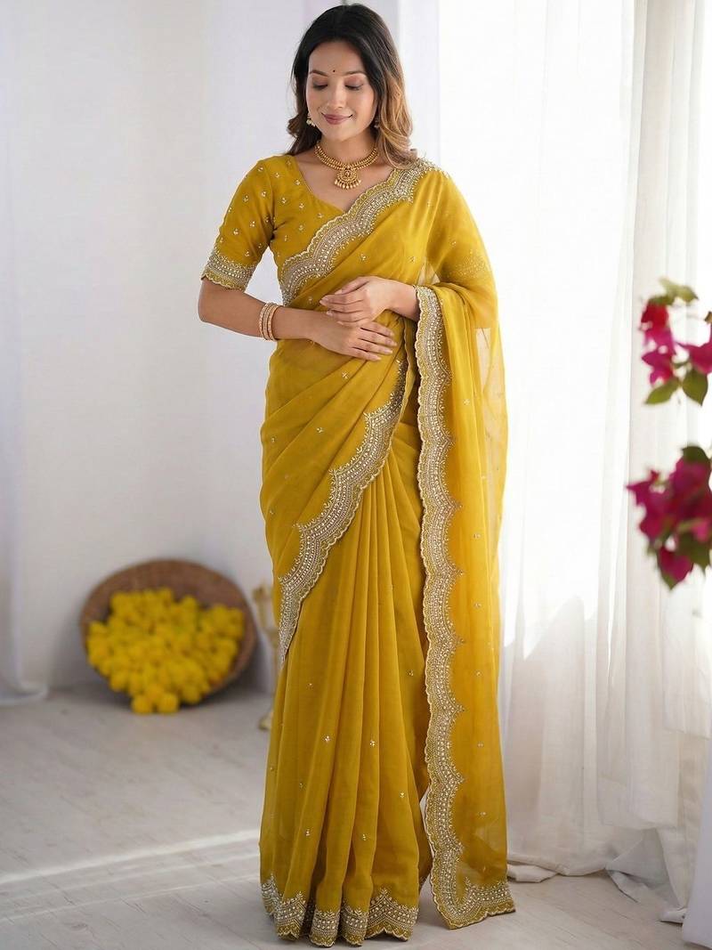 Yellow embellished beads and stones poly georgette heavy work saree