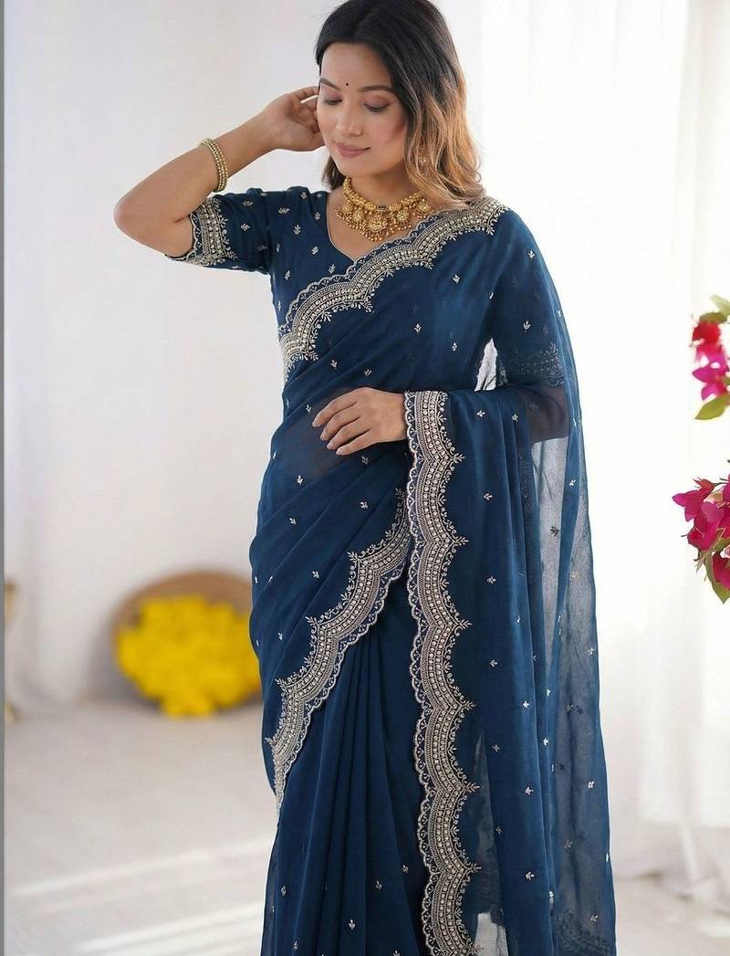 Navy blue embellished embroidered poly georgette heavy work saree