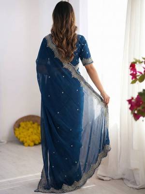 Navy blue embellished embroidered poly georgette heavy work saree 2