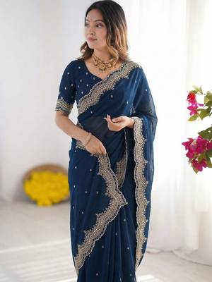 Navy blue embellished embroidered poly georgette heavy work saree 3