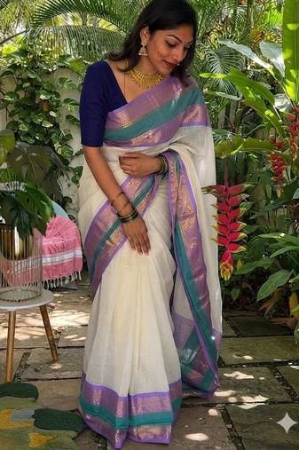 Off white zari pure cotton khadi saree