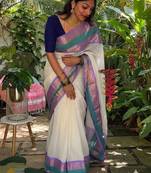 Off white zari pure cotton khadi saree