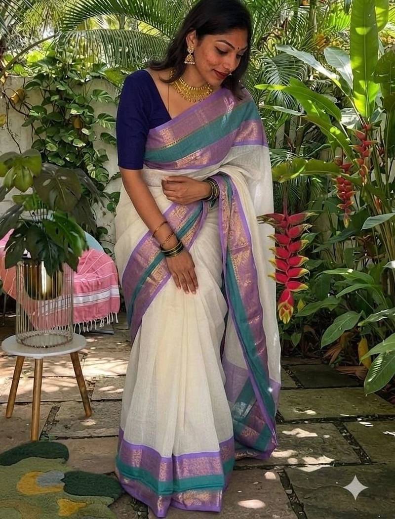Off white zari pure cotton khadi saree
