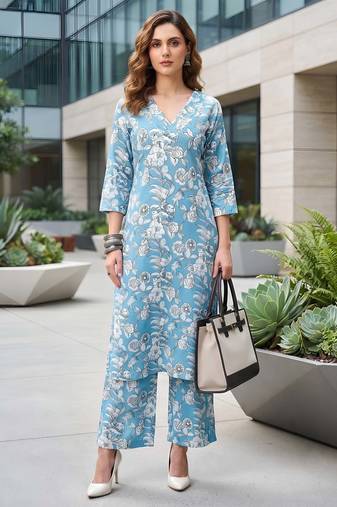 Blue printed straight co-ords set for women