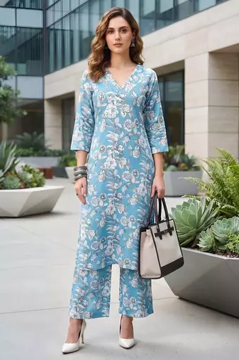 Blue printed straight co-ords set for women