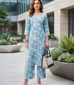 Blue printed straight co-ords set for women