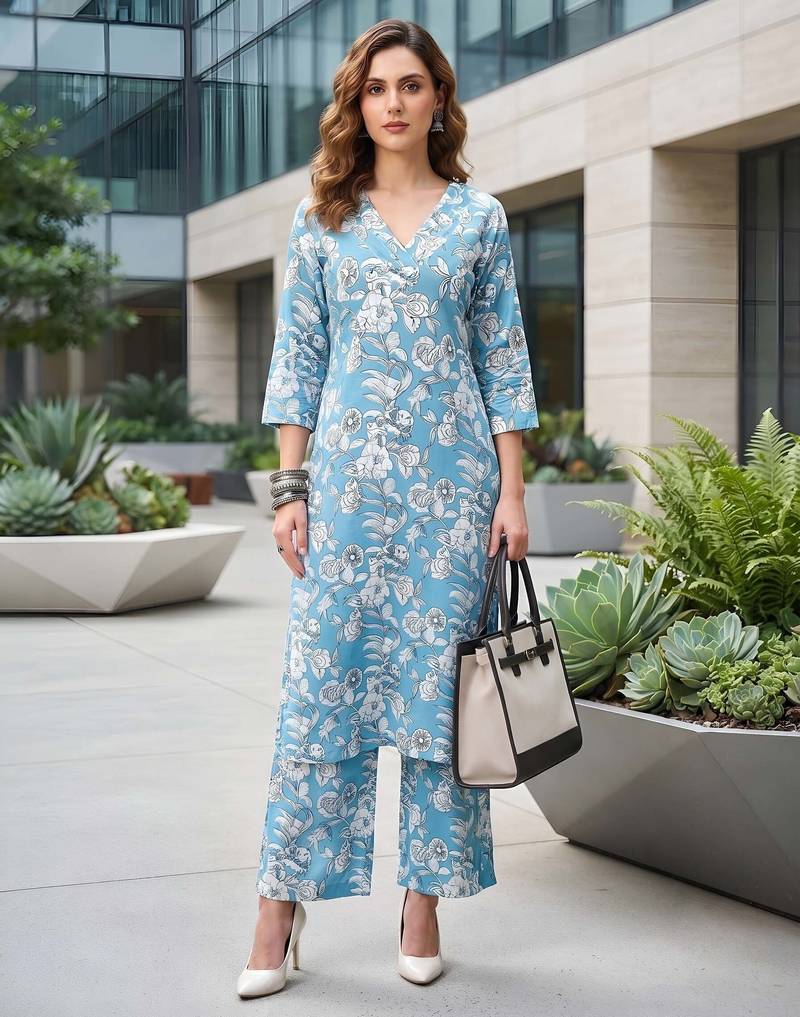 Blue printed straight co-ords set for women