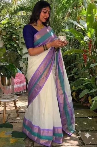 Off white zari pure cotton khadi saree