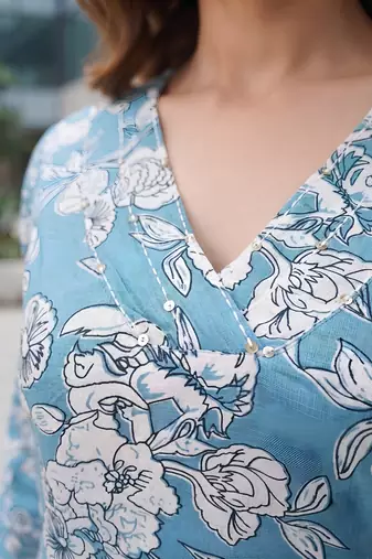 Blue printed straight co-ords set for women
