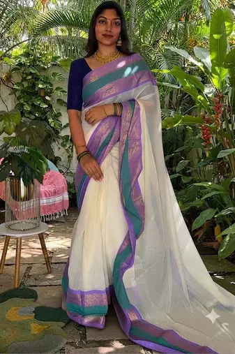 Off white zari pure cotton khadi saree