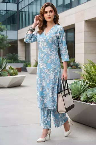 Blue printed straight co-ords set for women