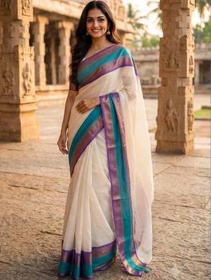 Off white zari pure cotton khadi saree 4