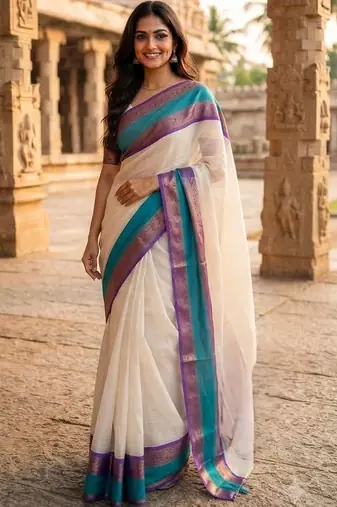 Off white zari pure cotton khadi saree