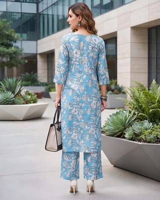 Blue printed straight co-ords set for women 4