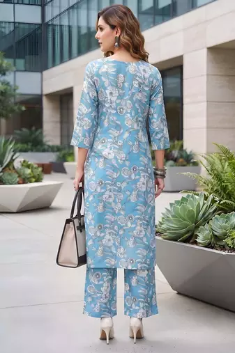 Blue printed straight co-ords set for women