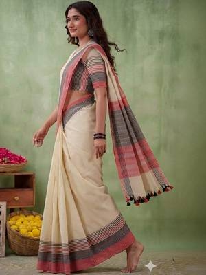 Off white striped pure cotton khadi saree 1