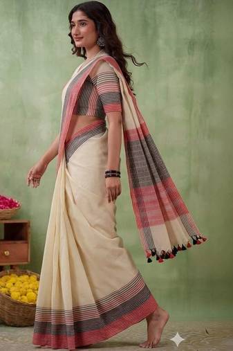 Off white striped pure cotton khadi saree