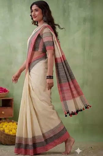 Off white striped pure cotton khadi saree