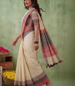 Off white striped pure cotton khadi saree