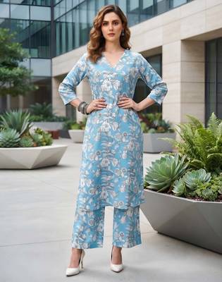 Blue printed straight co-ords set for women 5