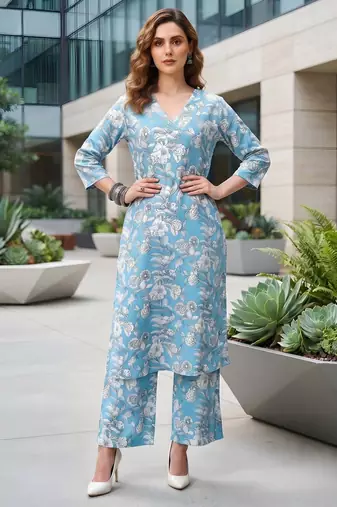 Blue printed straight co-ords set for women