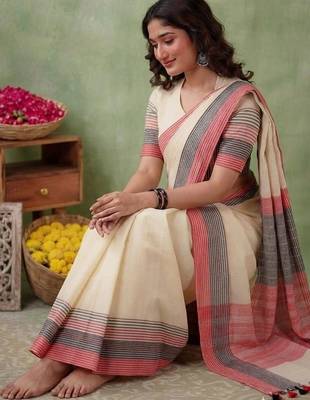 Off white striped pure cotton khadi saree 2