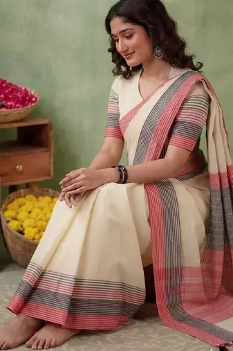 Off white striped pure cotton khadi saree