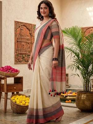 Off white striped pure cotton khadi saree 3