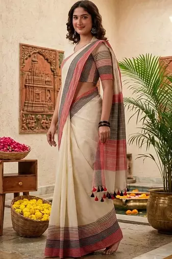 Off white striped pure cotton khadi saree