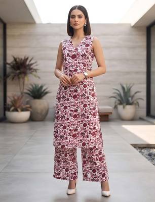 White & wine printed co-ord set for women 1