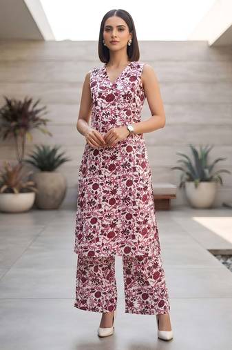 White & wine printed co-ord set for women